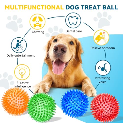 SHARLOVY Quietschbälle für kleine Hunde, 7,6 cm, 4 Farben, stachelige Hundebälle zum Zahnen, langlebiges Kauspielzeug für Welpen, unzerstörbares Spielzeug zum Apportieren und Trainieren, BPA-frei,