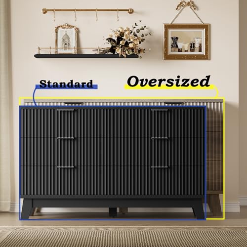 Image of BORNOON 53 inch Long Dresser for Bedroom, 6-Drawer Dresser with Fluted Fronts, Wide Wood Chest of Drawers, Smooth Metal Slides, Stable Base, Modern Clothes Storage Cabinet for Living Room, Hallway