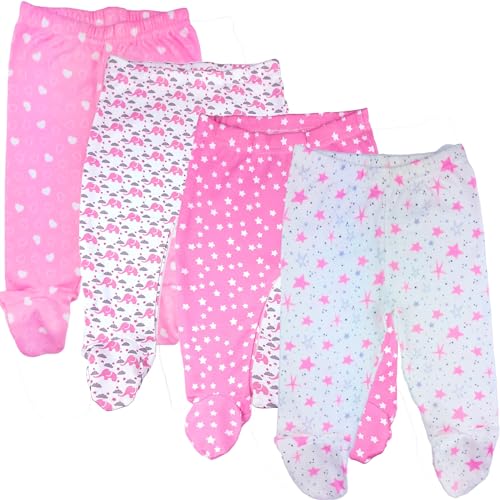 123 Bear 100% Cotton Baby Pants with Footies 100% Cotton Unisex Boys Girls (Newborn, 4-Pack Pink Pr)