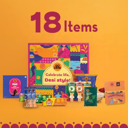Image of GO DESi Rakhi Set For Brother - 18 Items | Fun Gift Box | Evil Eye Stone Rakhi by Japam | Dark Choco Kaju Katli | Roli Chawal Set | Desi Popz | Coconut Barfi | Fruti Twist | Rakhi For Brother| Gifts for Raksha Bandhan | Raksha Bandhan Gift Hamper