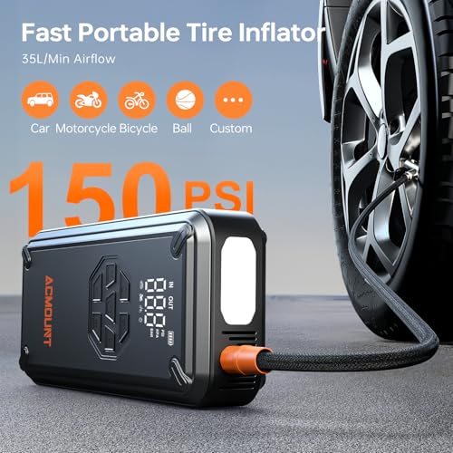 Acmount W160 Jump Starter with Air Compressor, 5000A Portable Car Jump Starter 150PSI Tire Inflator/Air Pump, 12V Battery(Up to 9L Gas/8L Diesel Engine) Jump Pack, Car Emergency Kit, Idea Gift for Man - Image 4