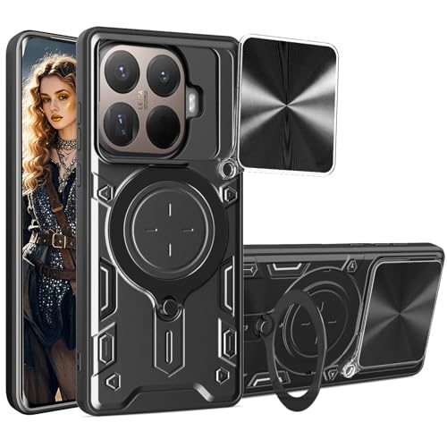 Ephoou for Xiaomi 15T Pro Case with Magnetic Ring Stand, Built-in Slide Camera Lens-Full Body Military Grade Shockproof Heavy Duty Cover for Xiaomi 15T Pro JS-Black