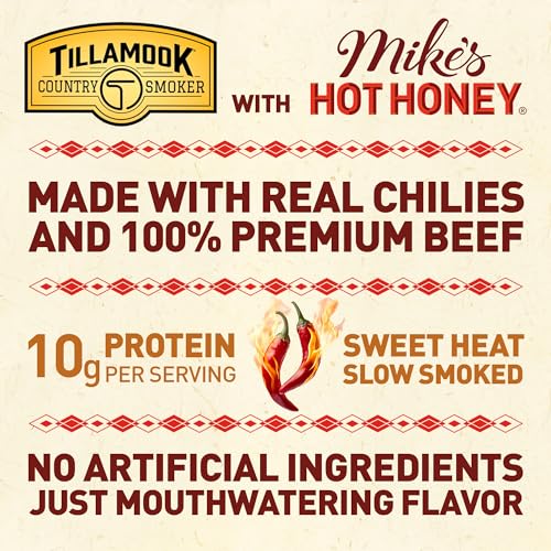 Tillamook Country Smoker Premium Beef Jerky, Mike\'s Hot Honey, 2.2 Ounce, Real Hardwood Smoked Beef, Low Carb, High Protein, Ready to Eat Sweet & Spicy Snack