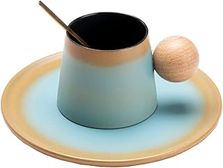 マグカップ コーヒーカップ カップ セット 7オンスのラテコーヒーカップとソーサー マグカップ 陶器 焼き物 カフェ スープカップ マグ 食器 スープカップ コーヒーカップおしゃれ かわいい 大人かっこいい (ギフトボックスなし,ブルー)