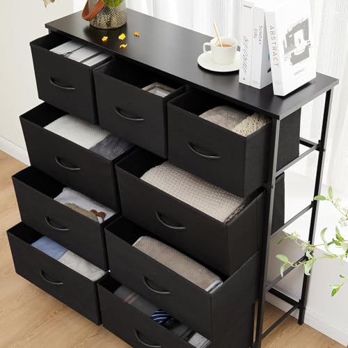DUMOS Kommode mit Schubladen - Kommoden & Sideboards für Schlafzimmer Geeignet, Komodenschrank mit 9 Schubladen, Stoffkommode mit Stabilem Stahlrahmen, Ideal für Schlafzimmer, Wohnzimmer (Schwarz)