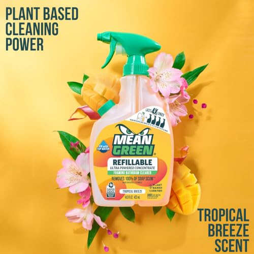 Image of Mean Green Refillable Ultra Powered Bathroom Cleaner Concentrate, Tropical Breeze, 14.3 fl oz (2-Pack) - Plant & Mineral Based, Removes 100% of Soap Scum, Refillable Bottle Makes 4X Refills