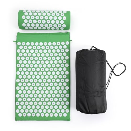 KLKYJ/アクプレッシャーマット&ピロー セット、マッサージマット (68x42cm)、首枕付き、持ち運び用バッグ付き、ヨガ・鍼・ストレス解消・筋肉痛緩和用 (Green)