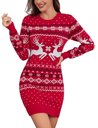 Litherday Weihnachtskleid Damen Strickkleid Weihnachspullover Pulloverkleid Herbst Winter Rundhals Langarm Christmas Sweater