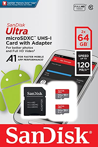 SanDisk-Pack-de-2-tarjetas-Ultra-microSDXC-de-64-GB-Hasta-120-MBs-Adaptador-SD-Rendimiento-de-apps-A1-Clase-10-U1