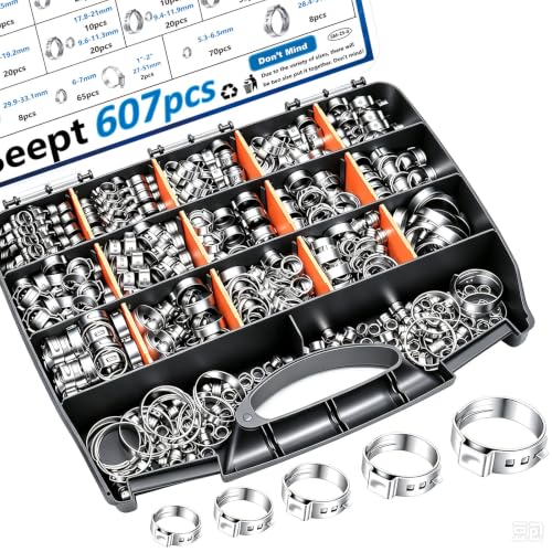 Image of 607Pcs 22 Sizes Single Ear Hose Clamps with Pliers 5.3-33.1mm 304 Stainless Steel Crimp Hose Clamps Assortment Kit Perfect for Automotive /Home Appliance /Water Pipe and Fuel Line