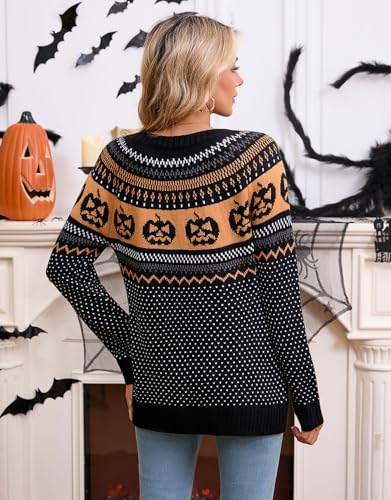Image of Women's Fair Isle Sweaters Long Sleeve Crew Neck Loose Casual Halloween Pullover Sweater Black Small