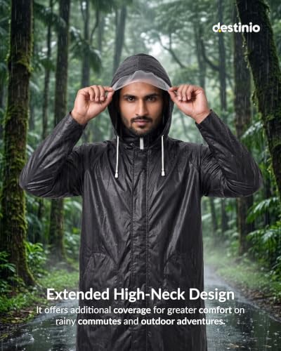 Image of Destinio Poncho for Men, Poncho for Women-Thick Waterproof PVC, Rain Coat, Reusable - Transparent Pocket Raincoat with Hood, Full Cover for Bag in Travel, Trekking, Bike Riders