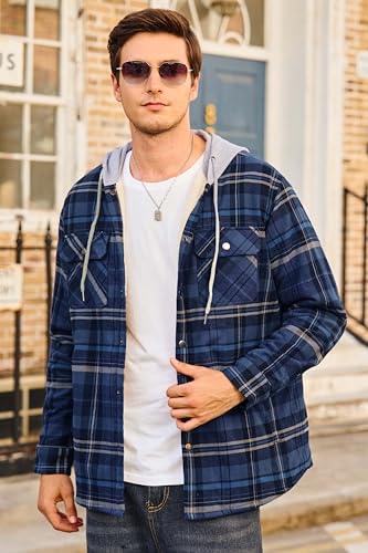 Cotrasen Mens Flannel Jacket Cotton Heavy Thick Sherpa Fleece Lined Plaid Shirt Jackets Warm Button Up Winter Coats with Hood2