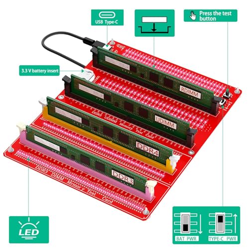 Comprobador de memoria DDR3/4/5 con luces LED y alimentación USB C 6