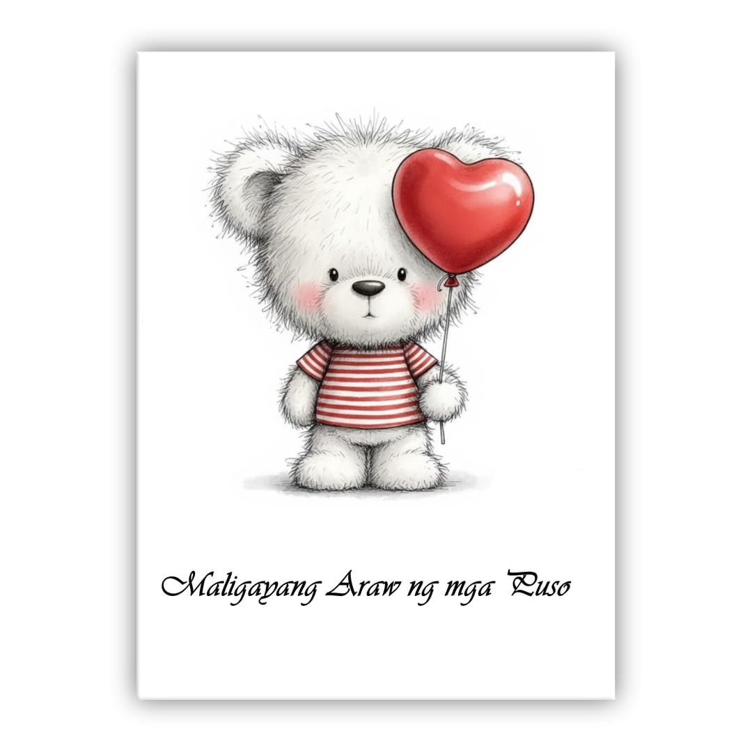 Multilingual Valentine’s Day Card – Cute Bear with Heart Balloon – Romantic Greeting Card for Husband, Wife, Boyfriend, Girlfriend (• Filipino: Maligayang Araw ng mga Puso)