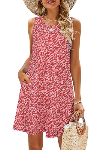 Image of SimpleFun Summer Dresses for Women Beach Floral Tshirt Sundress Casual Pockets Boho Tank Dress