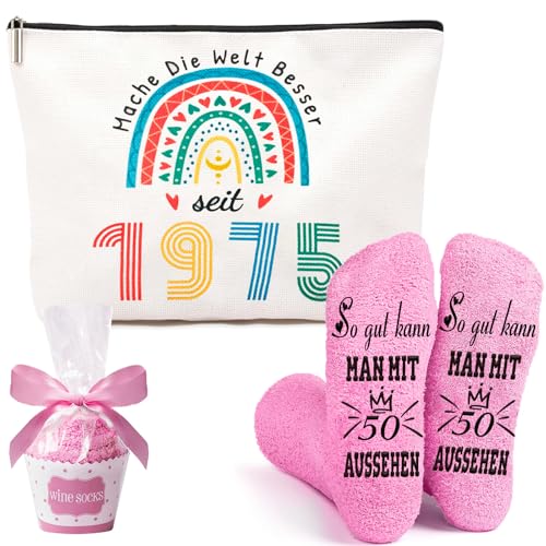 UEOTO Regalos divertidos para mujeres para 18 30 40 50 cumpleaños niña mujer incluye bolsa de cosméticos y calcetines de cumpleaños vintage 1975 1985 1995 2007 cumpleaños mujer ideas de regalos