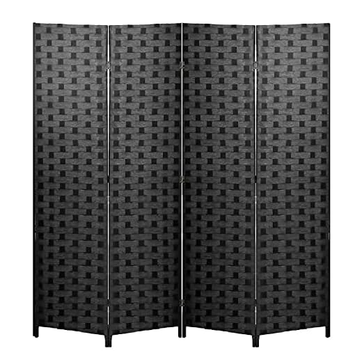 FDW Room Divider 6FT Wall Divider Wood Screen 4 Panels Wood Mesh Hand-Woven Design Room Screen Divider Indoor Folding Portable Partition Screen,Black
