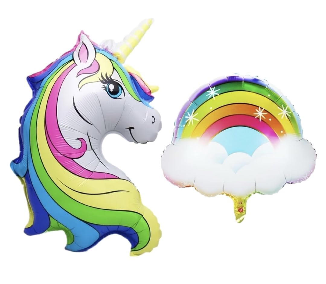 2 Pcs Colorful Unicorn and Rainbow Foil Balloon Set for Children Girls Kids Birthday Decoration Party Supplies | Cartoon Fairytale Gift Celebration for Baby Princess