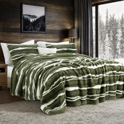 Image of Wonderful 3 Pieces Fluffy Faux Rabbit Fur Comforter Set Queen Size, Dark Green Plush Fuzzy Bedding Set, Animal Stripes Design Warm Soft Comforter Bedding Set for All Season,90 inchx94 inch