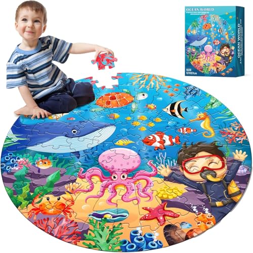 Round Ocean Puzzles for Kids Ages 4-8 Large Jigsaw Puzzles for Kids Ages 3-5 Kids Puzzles with Colorful Underwater World Floor Puzzles Toys for Kid Educational Learning Early Preschool Puzzle Toy Gift