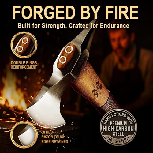 Image of Grumpy Bear 15 inch Survival Axe Camping Hatchet - Forged High Carbon Steel Hatchet with Spike Tail for Breaking Doors, Glass & Ice, Leather Handle & Lanyard, Ideal for Bushcraft & Outdoor Adventures
