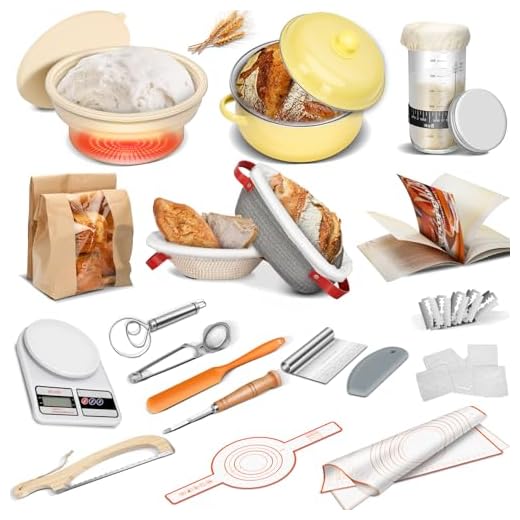 Ultimate All-Inclusive Sourdough Starter Kit - Pot,34 OZ Jar, 2 Banneton Bread Proofing Baskets, Electric Thermostatic Silicone Bowl, Scale, Tools & Recipe Book - Bread Baking Kit For Beginners