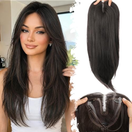 Eawwii Dark Brown Synthetic Hair Toppers for Women with Thinning 5x6 inch Large Base Coverage Clip in Wispy Bangs Upgraded Adjustable Bandage 24 Inch Long Layered