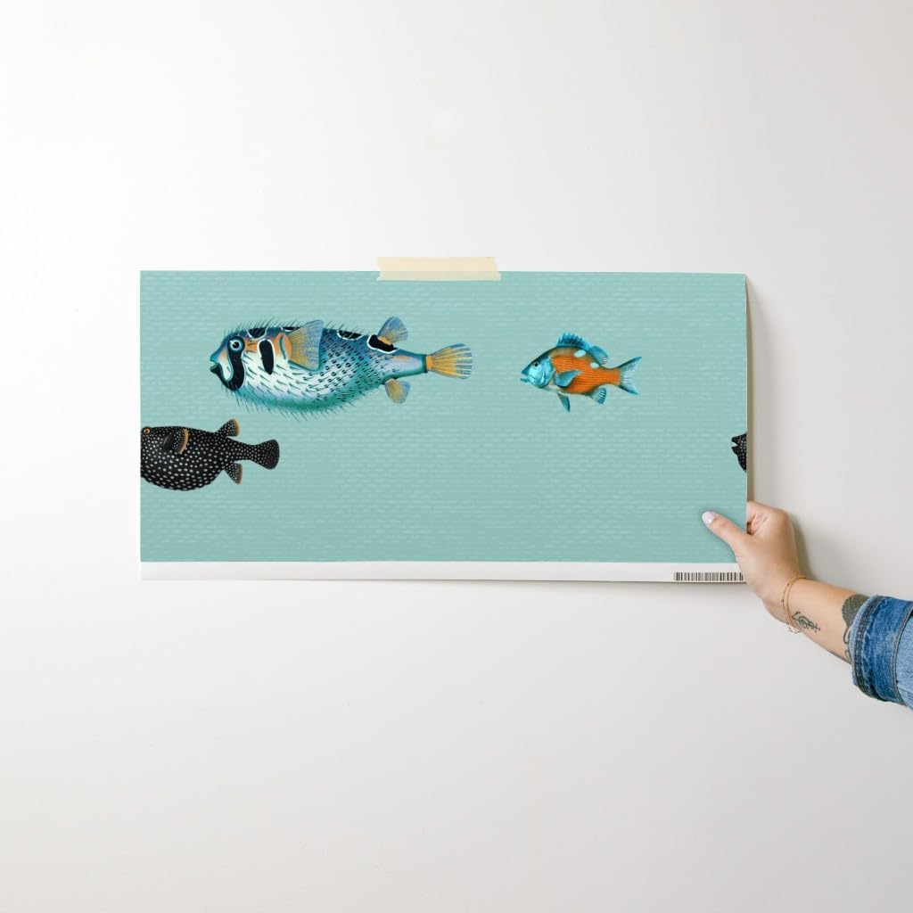 Peel & Stick Wallpaper Swatch - Vintage Nautical Sea Life Coastal Maritime Duck Egg Aqua Tropical Ocean Seafoam Pufferfish Custom Removable Wallpaper by Spoonflower