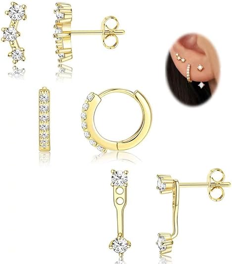 SNZM S925 Sterling Silver Huggie Hoop Earrings Set - 3 Pair Hypoallergenic Gold Plated Stacking Earrings