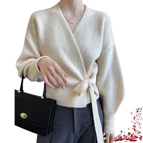 TOTDYIKH Pull Cache-cœur décontracté à col en V pour Femme (One-Size,Off-White)
