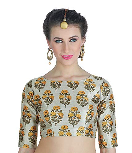 Boat Neck Readymade Stitched Printed Saree Blouse Poly Silk Fabric Indian Sari Choli Tunic Wedding Top Women (x Small-30) Grey