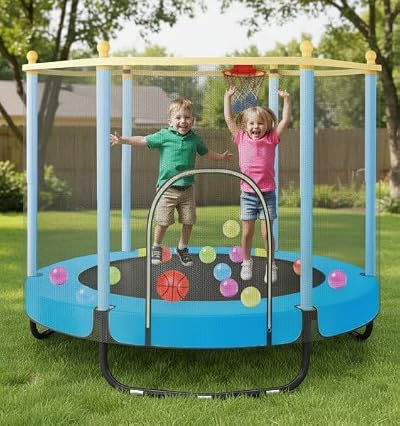 Homegroove 60" Trampoline for Kids, 5FT Toddler Trampoline Outdoor with Safety Enclosure Net, Mini Trampoline Indoor with Basketball Hoop, Trampoline Jumping Mat Birthday Gifts for Children Boys Girls