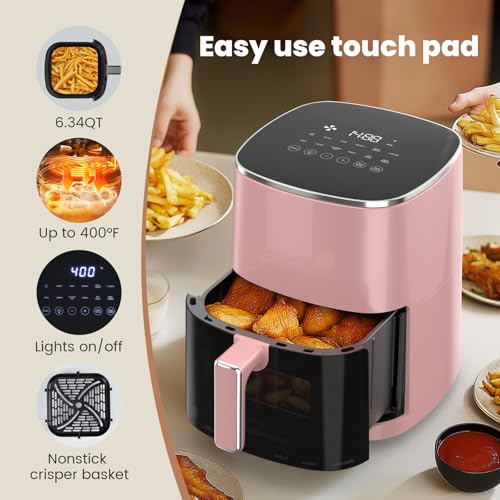 Image of Sweetcrispy 6QT Air Fryer with Window, Square Airfryer Oven 12-in-1 for Family, 400F Rapid Air Crispy Technology, Roast Bake Dehydrate, Nonstick & Easy-Clean Basket, Pink