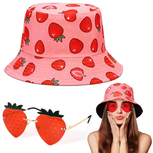 FuxFuis Anglerhut Fischerhut und Erdbeerbrille, Tuch Fischerhüte Rosa Anglerhut Kinder Damen Fischer Hut Kreative Party Hüte Lustig Anglerhut Unisex Sonnenhut für Partys Karneval Bühnenauftritte