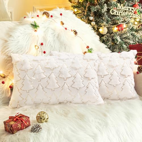 Knagsfa Christmas Throw Pillow Covers 12 x 20 Inch Set of 2, White Christmas Tree with Gold Sequins, Winter Holiday Faux Fur Pillowcases Decor for Home Couch Sofa