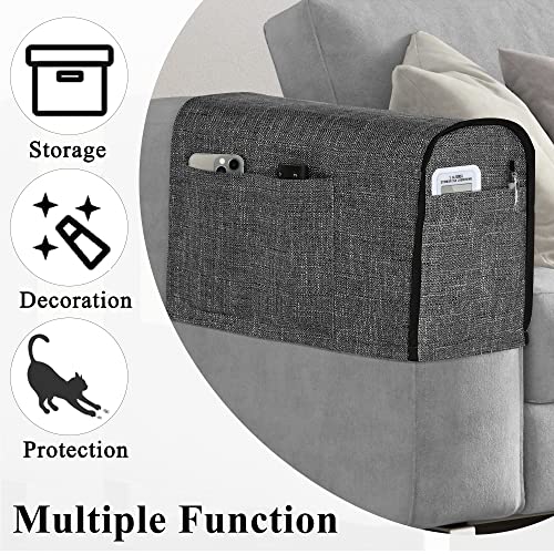 Recliner Arm Covers With 4 Pockets Chair Couch Arm Covers For Sofa Armchair Covers For Arms For Remote Control, Phone, Non-Slip Recliner Arm Protector For Pets, Durable Linen Slipcover, Dark Gray #TOP4