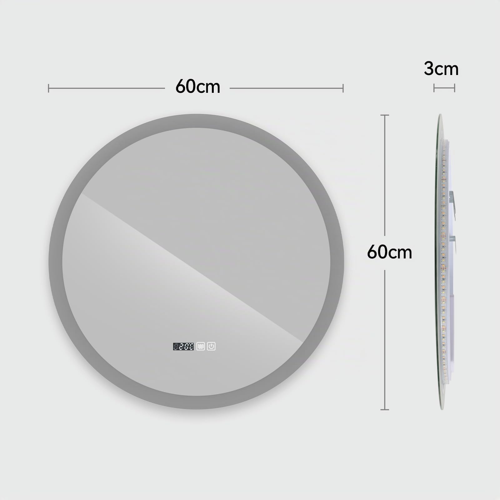 YU YUSING Specchio Bagno con Luce LED, Rotondo, 60 cm, 3 Colori, Luce Regolabili, Specchio da Parete, con Interruttore Touch e Funzione Antiappannamento, Visualizzazione del Tempo, IP44