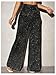 OYOANGLE Women's Sparkly High Waisted Wide Leg Pants Shiny Baggy Palazzo Trousers Party Clubwear Black Small