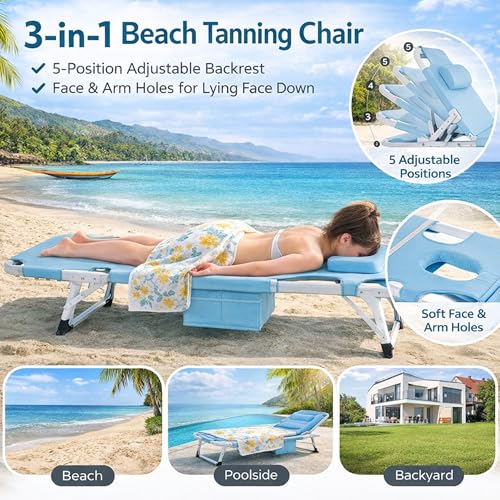 Image of ABORON Patio Lounge Chair, Folding Adjustable Chaise Chair, Max 450LB Load | 5-Gear Adjustable, Zero-Assemble, 75in Length, With Cotton Pad, Side Pocket, for Home, Garden, Beach, Office, Camping