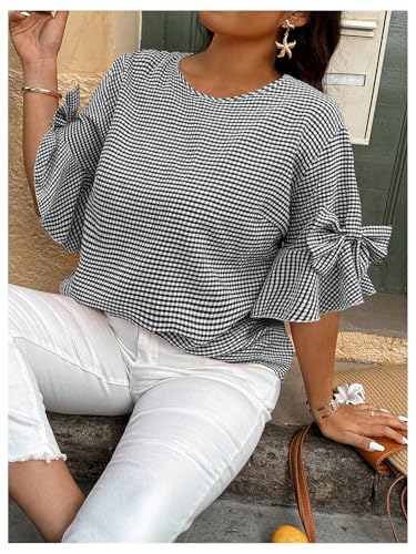 SOLY HUX Women's Plus Size Plaid Blouse Gingham Bow Ruffle Half Sleeve Summer Casual Going Out Tops3
