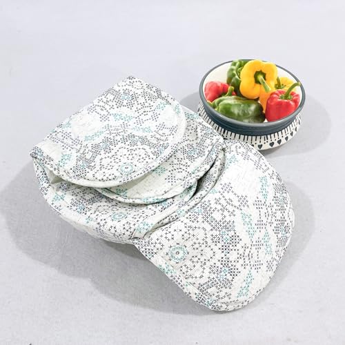 Image of Swayam 100% Cotton Cloth Roti Casserole | Hot Chapati Box | Washable Bread Basket | 22 cm Round Roti Basket | Geometric Design - White & Grey