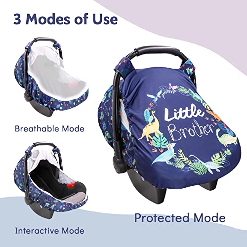 Image of Car Seat Covers for Babies Boys, Little Brother Infant Carseat Canopy, Stretchy Newborn Stroller Carrier Cover, Dinosaur