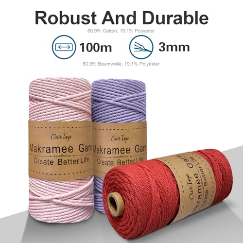 OurTop Makramee Garn Set 3mm 100m Blush/Lila/Rot – Bild 3