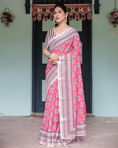 Image of Kaugalian store Linen Cotton Floral Printed Saree for Women with Unstitched Blouse Piece | 5.5 M Saree & 0.8 M Blouse