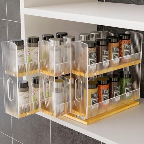 NiHome Bamboo Pull-Out Spice Rack Organizer for Cabinet, 3-Drawer...