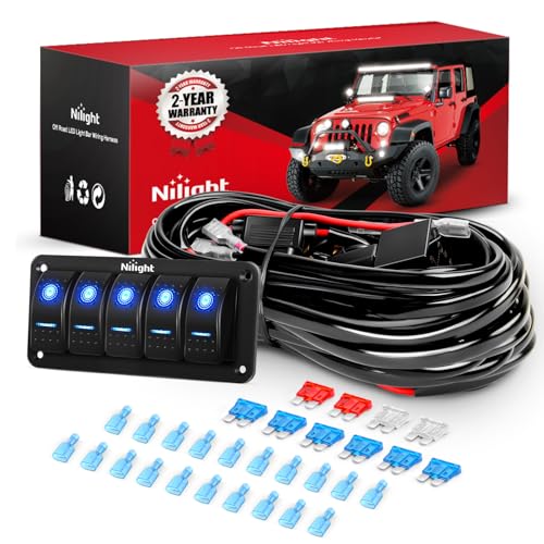 Image of Nilight 16AWG 14AWG 12AWG LED Light Bar Wiring Harness Kit - 10 Leads | 12V On /Off 5 Gang Rocker Switch Panel Power Relay Blade Fuse 5Pin Toggle Switches for Cars Boat ATV Trucks