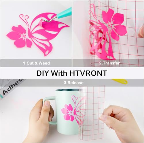 Image of HTVRONT Neon Pink Permanent Vinyl - 12 inch x 14 FT Glossy Neon Pink Adhesive Permanent Vinyl Roll Compatible with Cricut Cutting Machine, Silhouette, Cameo Cutters, Scrapbooking, Craft, Die Cutters