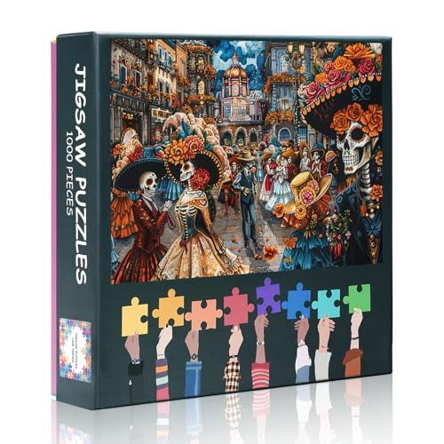 Day of The Dead Puzzles for Adults 1000 Pieces, Skull Jigsaw Puzzle, Flowered Sombreros Jigsaw Puzzles, Challenging Game Home Decor Birthday Party Gift Toy for Adults Seniors 20X27 INCH
