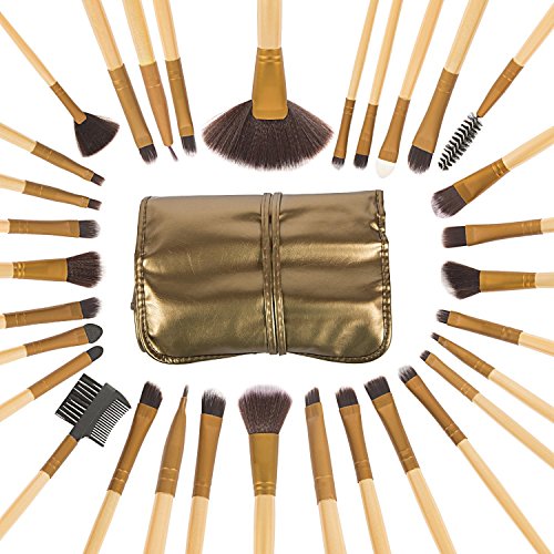 Allin Exporters 32 Pcs Makeup Brushes Cosmetic Brush Set With Golden Leather Pouch For Eye Shadow Blush Concealer (Golden)